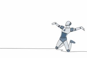 solteiro contínuo linha feliz robô pulando com elevado pernas e espalhar braços. futuro tecnologia desenvolvimento. artificial inteligência máquina Aprendendo processo. 1 linha desenhar Projeto vetor ilustração