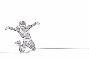 solteiro contínuo linha desenhando do feliz astronauta pulando com elevado pernas e espalhar braços. comemoro bem sucedido dentro caminhada espacial projeto. cosmonauta profundo espaço. 1 linha gráfico Projeto vetor ilustração