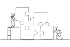 contínuo 1 linha desenhando dois astronautas trabalho em equipe para colocar juntos uma quadrado quebra-cabeça, 1 do eles sobe escada segurando acima uma peça do a quebra-cabeça. cósmico. solteiro linha desenhar Projeto vetor ilustração