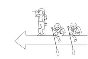 solteiro contínuo linha desenhando 3 astronautas passeio Setas; flechas. trabalho em equipe com dois do eles remo, a descansar em pé acima usando binóculos. cósmico galáxia exterior espaço conceito. 1 linha Projeto vetor ilustração
