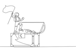 solteiro contínuo linha desenhando jovem enérgico astronauta em pé em gigante aberto Tesouro peito segurando tremulando bandeira. pegue Tesouro em a superfície do a lua. 1 linha Projeto vetor ilustração