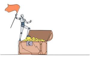 solteiro 1 linha desenhando robôs em pé em gigante aberto Tesouro peito segurando bandeira. robô com artificial inteligência ter sucesso para encontrar dourado moeda. futuro. contínuo linha Projeto gráfico ilustração vetor