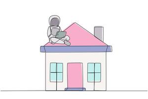 contínuo 1 linha desenhando jovem astronauta sentado em miniatura casa digitando computador portátil. astronautas em a superfície do lua transferindo hipoteca pagamentos. solteiro linha desenhar Projeto vetor ilustração