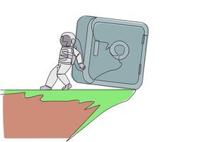 contínuo 1 linha desenhando astronauta empurrado gigante seguro depósito caixa baixa com dele costas a partir de a Beira do a penhasco. cosmonauta profundo espaço. galáxia conceito. solteiro linha desenhar Projeto vetor ilustração