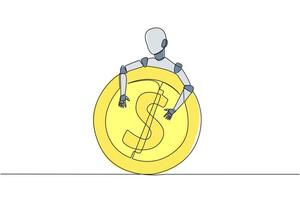 contínuo 1 linha desenhando robô abraçando moeda placa dólar. inserir moeda para dentro a costas do a robô, então isto vai Preencha todos seu desejos. futuro tecnologia. solteiro linha desenhar Projeto vetor ilustração