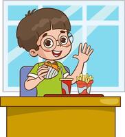 vetor ilustração do crianças comendo francês fritas e velozes Comida dentro restaurante