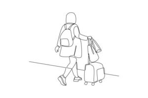 contínuo 1 linha desenhando viajando com saco ou mala de viagem conceito. rabisco vetor ilustração.