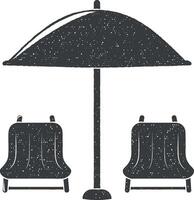Sol espreguiçadeiras e guarda-chuva vetor ícone ilustração com carimbo efeito