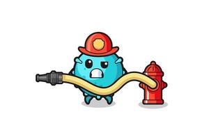 desenho de vírus como mascote de bombeiro com mangueira de água vetor