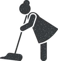 mulher, limpeza, chão ícone vetor ilustração dentro carimbo estilo