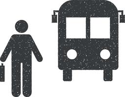 homem, ônibus, para espere, trabalhar, ir ícone vetor ilustração dentro carimbo estilo