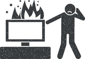 televisão dentro fogo e homem chore ícone vetor ilustração dentro carimbo estilo
