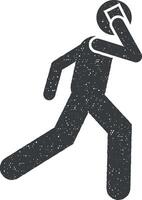 homem, correr, falando telefone ícone vetor ilustração dentro carimbo estilo