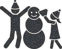 crianças faço uma boneco de neve ícone vetor ilustração dentro carimbo estilo
