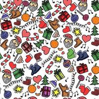sem costura padrão de ano novo. padrão de vetor com ícones de Natal e ano novo doodle. Ilustração colorida com Papai Noel, caixa de presente, árvore de Natal, doces, chapéu, laranja, estrelas isoladas no fundo branco