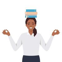 Educação e obtendo conhecimento conceito. jovem mulher meditar com livros acima dela cabeça. vetor