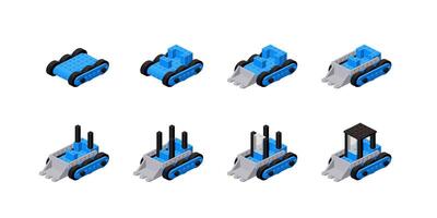 passo a passo construção do uma azul mini escavadora a partir de plástico blocos dentro isometria. vetor