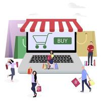 compras on-line, pessoas Comprar dentro Internet fazer compras usar computador portátil. vetor comprando Internet, sorridente pessoas com saco a partir de mercado, Comprar dentro loja e varejo eletrônico ilustração