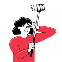 garota tira selfie no smartphone com stick, estilo doodle vetor