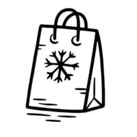 sacola de presente de Natal de ano novo com floco de neve, compras, ícone de vetor linear em estilo doodle