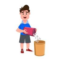 menino bonito jogando lixo na lixeira vetor
