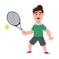 menino bonito jogando tênis. personagem de estilo plano de criança fofa para design, movimento ou design. vetor
