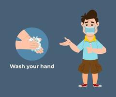 menino bonito recomenda prevenir vírus lavando as mãos com desinfetante para as mãos vetor