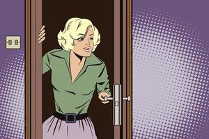 ilustração das ações. pessoas em estilo retro pop art e publicidade vintage. garota espreita pela porta. vetor