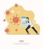 ilustração plana com ilustração do médico lutando contra o vírus, com máscara e vacina vetor