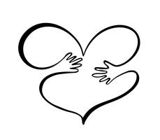 Ícone de bondade e caridade, mãos e coração. mãos abraço coração símbolo dia dos namorados. Mão desenhada ilustração gráfica menino e menina apaixonada, amor pela natureza, ecologia