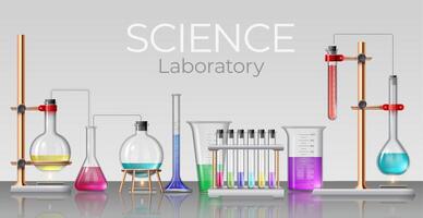 realista Ciência laboratório. químico laboratório vidraria, copos, teste tubos, frascos e garrafas com experimental líquidos, 3d vetor conceito