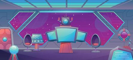 desenho animado nave espacial Centro quarto interior com monitor e ao controle painel. futurista cósmico estrangeiro navio cockpit para vídeo jogos vetor fundo