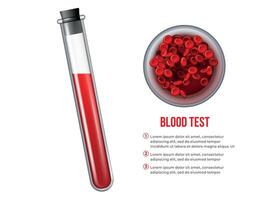 realista médico vidro teste tubo com vermelho sangue células. remédio poster hematologia análise. humano saúde laboratório pesquisa vetor conceito