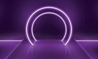 roxa néon futurista digital etapa com círculo luz arco. mostruário para tecnologia produtos apresentação. esvaziar pedestal noite vetor cena
