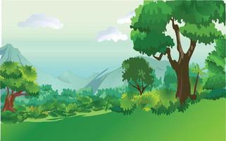 paisagem de floresta verde com ilustração de fundo de montanhas vetor