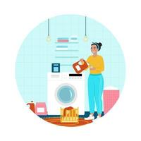 mulher feliz na lavanderia, limpeza e lavagem. ilustração vetorial vetor