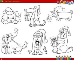 conjunto de cães em quadrinhos com presentes de Natal para colorir a página do livro vetor