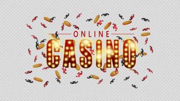 casino online, símbolo no estilo vintage casino com lâmpadas de ouro isoladas no fundo branco. assinar com fichas de cassino e moedas de ouro voando por aí vetor