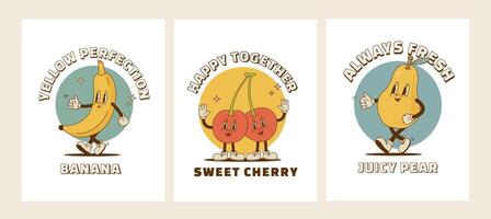 conjunto do retro desenho animado cereja, banana, pera personagens poster. vintage tropical fruta, citrino mascote vetor ilustração. perfeito para embalagem, imprimir, bandeira