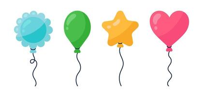 balões vetor definir. colorida borracha brinquedos do vários formas - estrela, coração, bola, flor. vôo surpresa para uma festa, aniversário, evento. festivo decoração em uma corda. desenho animado clipart para imprimir, cartões
