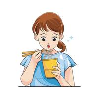 comer Macarrão. pequeno menina comendo Macarrão a partir de uma copo usando pauzinhos. vetor ilustração