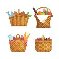 cesta com produtos artesanais cesta de piquenique com vários alimentos vegetais frutas cestas de vetor cesta de produtos de piquenique com alça ilustração de acessório tradicional ao ar livre