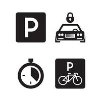 estacionamento ícone transporte silhueta símbolos carros bicicletas dinheiro garagem veículos parque coleção conjunto ilustração parque veículo garagem transporte localização serviço ilustração vetor