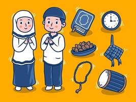 mão desenhado personagem Ramadhan conjunto com elemento eid Mubarak vetor