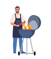 homem cozinhando churrasco grade. churrasco cena. sorridente homem detém kebabs. fritar carne em fogo. vetor ilustração.