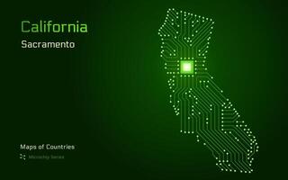 Califórnia mapa com uma capital do sacramento mostrando dentro uma microchip padronizar. silício vale, e-governo. Unidos estados vetor mapas. microchip Series