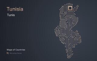 Tunísia mapa com uma capital do tunis mostrando dentro uma microchip padronizar com processador. e-governo. mundo países vetor mapas. microchip Series