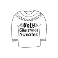 mão desenhada preto e branco feio camisola de natal lettering ícone de suéter de inverno. ilustração em vetor doodle para design de férias