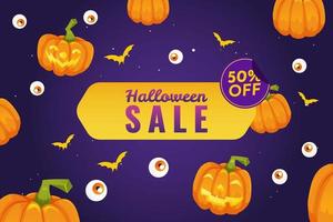 venda de abóbora de halloween 50 por cento de desconto no conceito de desconto. ilustração vetorial de banner e fundo vetor