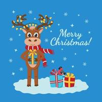 cartão de feliz natal com veado bonito dos desenhos animados, luzes de natal e presentes vetor